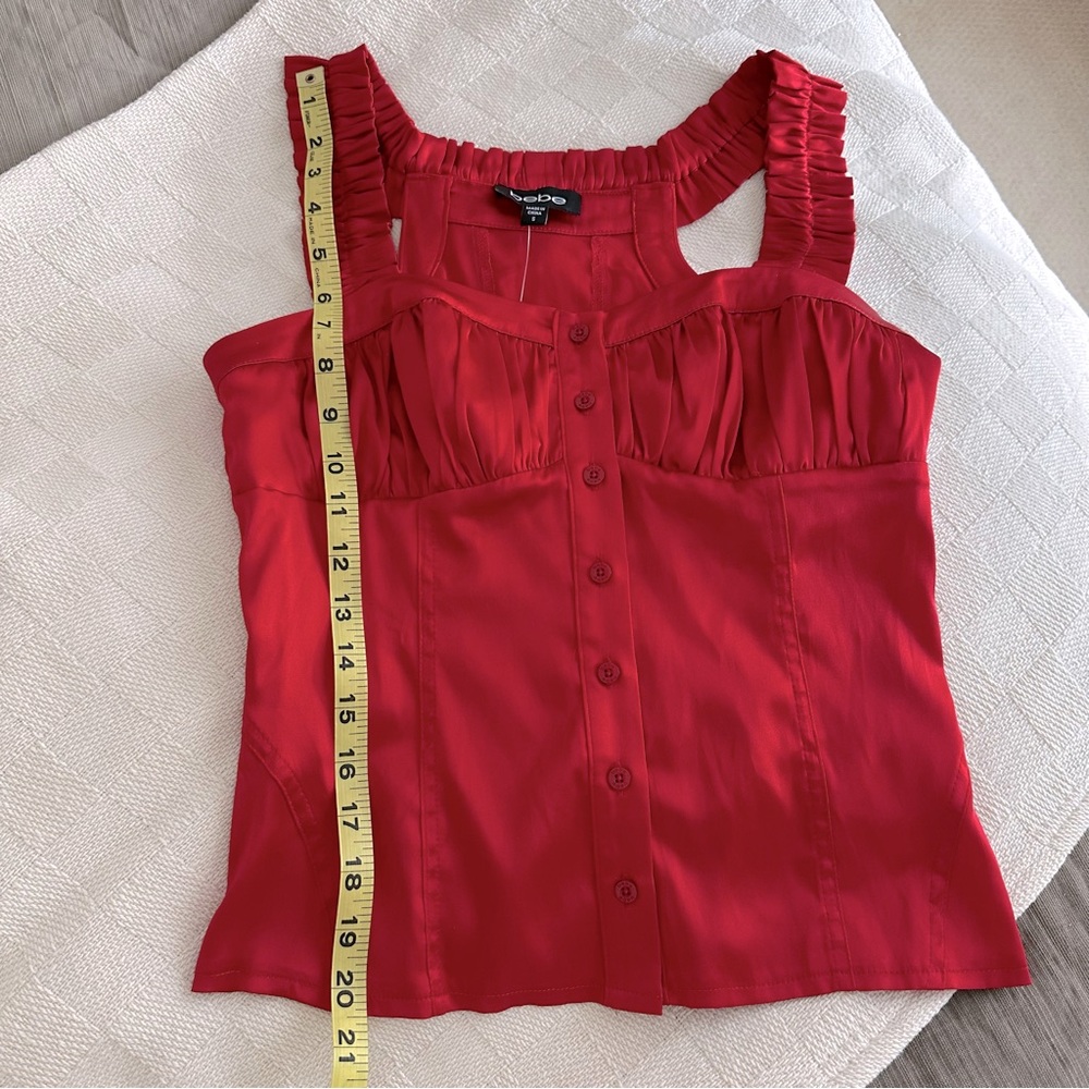 BEBE NWT Satin/Silk Red Ruffle Tank Top! Gorgeous Summer Vibe! Size S button up - Picture 11 of 11